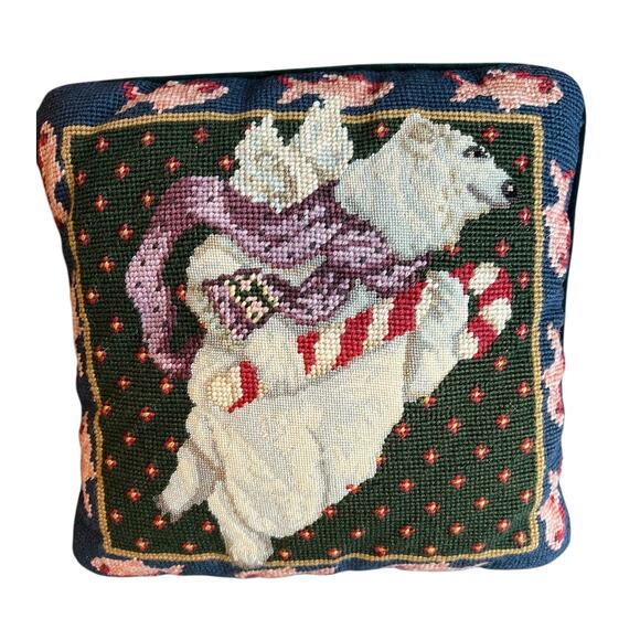 Vintage Katha Diddel Needlepoint Holiday Pillow Polar Bear - Picture 1 of 6